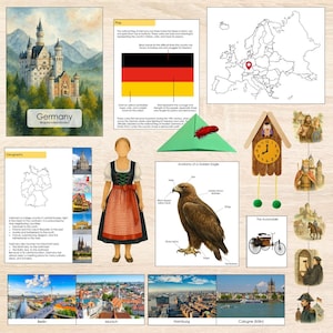 May include: A collage of images related to Germany, including a watercolor painting of a castle, a German flag, a map, a traditional dress, a cuckoo clock, and cityscapes of Berlin, Munich, Hamburg, and Cologne.