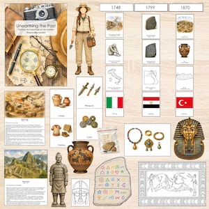 Pode incluir: Um cartaz educativo intitulado Unearthing the Past com ilustrações arqueológicas, incluindo um investigador, artefactos históricos como cerâmica, moedas, joias, uma máscara dourada de faraó, mapas e antigas tábuas de pedra com símbolos.