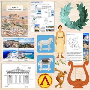 May include: A collage of Greek-themed illustrations and educational materials. Includes a watercolor painting of a city, a laurel wreath, a Trojan horse, a map, a lyre, and a diagram of a temple. The text "Greece @aprendiendode3" is visible.