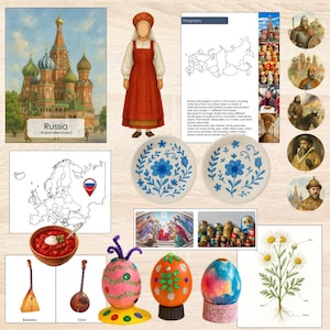 以下が含まれることがあります： ロシアに関連する画像のコラージュ。聖ワシリー大聖堂の絵画、地図、伝統的な衣装、装飾皿、ペイントされた卵、スープのボウルなど。 「ロシア」という言葉が表示されています。