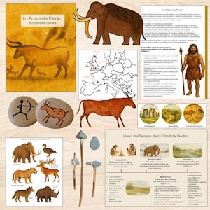 Peut inclure: Un collage éducatif sur l'âge de pierre, avec des dessins d'animaux, des peintures rupestres, des cartes et des outils. Le texte en espagnol décrit les périodes paléolithique, mésolithique et néolithique. Stonehenge est représenté.