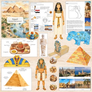 May include: A digital educational activity sheet about Egypt featuring illustrations of pyramids, a Nile river scene, a pharaoh, a mummy, a blue hippo, a sphinx, koshari food components, and maps with text labels in English describing Egyptian geography.