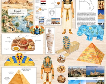 May include: A digital educational activity sheet about Egypt featuring illustrations of pyramids, a Nile river scene, a pharaoh, a mummy, a blue hippo, a sphinx, koshari food components, and maps with text labels in English describing Egyptian geography.