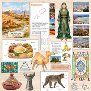 May include: A collage of images related to Morocco, including a watercolor landscape, a traditional green and gold dress, a couscous dish, a camel illustration, and a map. The word "Morocco" is displayed prominently.