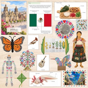 Könnte beinhalten: Eine Sammlung von lehrreichen Illustrationen mit einer mexikanischen Landschaft, der Nationalflagge, einem Teller Chiles en Nogada, einem Monarchfalter, einer Trompete, dem Lebenszyklus von Mais, einer Gitarre, einem Skelett, einem Lebensbaum, einem Kolibri, einem Axolotl und einer Person in traditioneller Kleidung.