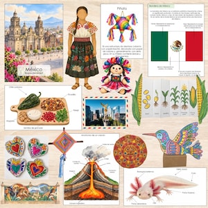Op de afbeelding: Een educatieve poster met diverse Mexicaanse culturele elementen, waaronder een landschap van Mexico-Stad, een persoon in traditionele kleding, een piñata, de Mexicaanse vlag, een vulkaandiagram, een maïslevenscyclus en een axolotl-illustratie.