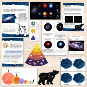 May include: A colourful educational poster about astronomy with illustrations of stars, planets, constellations, and galaxies. The poster includes text in Spanish explaining the different celestial objects and their characteristics.
