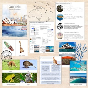 May include: A colorful educational poster about Oceania, featuring a map of the region, images of native animals, and a brief history of European colonization. The poster includes text in Spanish, including the title "Oceania" and the phrase "@aprendiendode3".