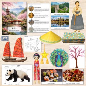 Könnte beinhalten: Eine Collage mit asiatischen Illustrationen und Objekten. Enthält eine Pagode, ein rot besegeltes Boot, einen Panda, Sushi, einen Pfau, eine Karte, eine Puppe und eine Frau in traditioneller Kleidung. Text enthält "Asia" und "Sushi (Japan)".