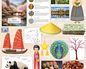 May include: A collage of Asian-themed illustrations and objects. Includes a pagoda, a red-sailed boat, a panda, sushi, a peacock, a map, a doll, and a woman in traditional dress. Text includes "Asia" and "Sushi (Japan)".