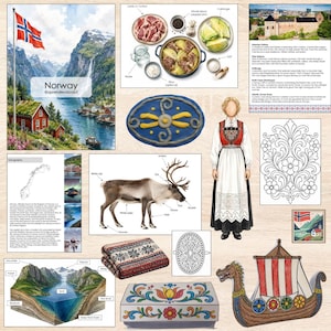 May include: A collage featuring a Norwegian flag, a landscape of a fjord, a recipe for lamb and cabbage, a map of Norway, a reindeer, a person in traditional clothing, a Viking ship illustration, a patterned blanket, and floral motifs.