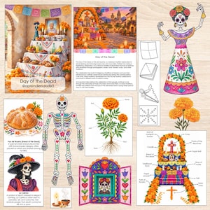 May include: An educational poster about Day of the Dead featuring illustrations of an altar, a skeleton figure, marigold flowers, pan de muerto, and La Catrina. The layout includes descriptive text, diagrams of a flower, and a paper craft template.