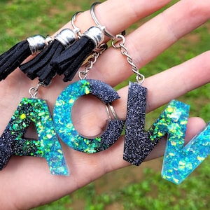 Teal Keychain, Teal Key Fob, Black and Teal Keychain, Black and Teal Key Fob, Glitter Keychain Gift, Stocking Stuffer For Her, Gift For Her