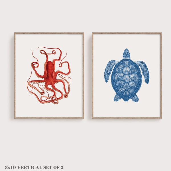 Sealife Print Pair, Sea Turtle & Octopus, Red and Blue Print Set of 2, Two Piece Duo Wall Art, Sea Creature Posters, 8x10 / 8x8 / 5x7 / A4