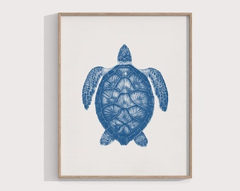 Blue Turtle Illustration Print: Coastal Ocean Wall Art