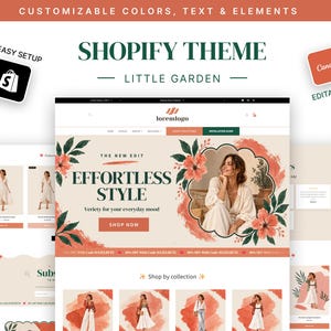 Może przedstawiać: Szablon motywu strony internetowej Shopify o nazwie Little Garden z możliwością dostosowania kolorów, tekstu i elementów. Układ zawiera sekcję główną z grafikami kwiatowymi, centralnym obrazem oraz tekstem Effortless Style i Shop Now.