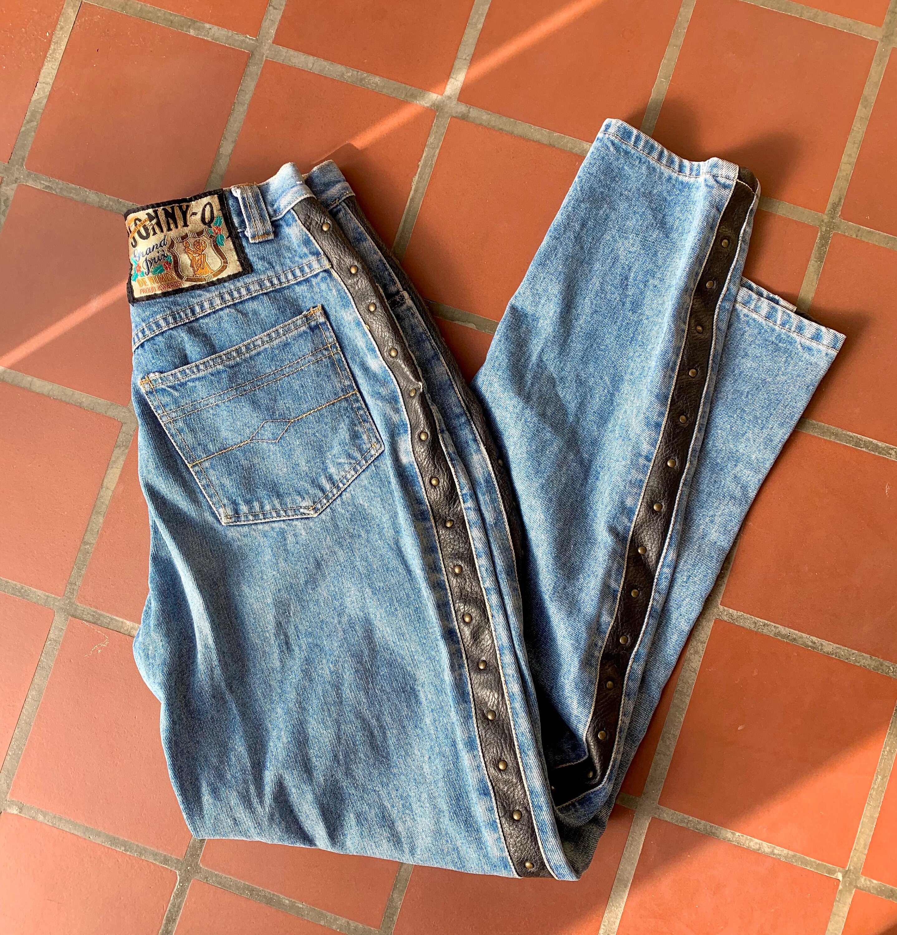 Sinis Ved charter Size 28 Vintage Jonny-q Jeans W/ Leather and Stud Leg - Etsy