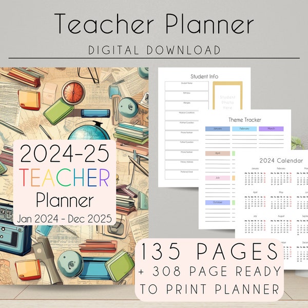 Ultimate Teacher Planner Bundle: 135-Page Digital Printable for 2024-2025 + Bonus 308-Page Monthly & Weekly Planner-Organize + Plan in style