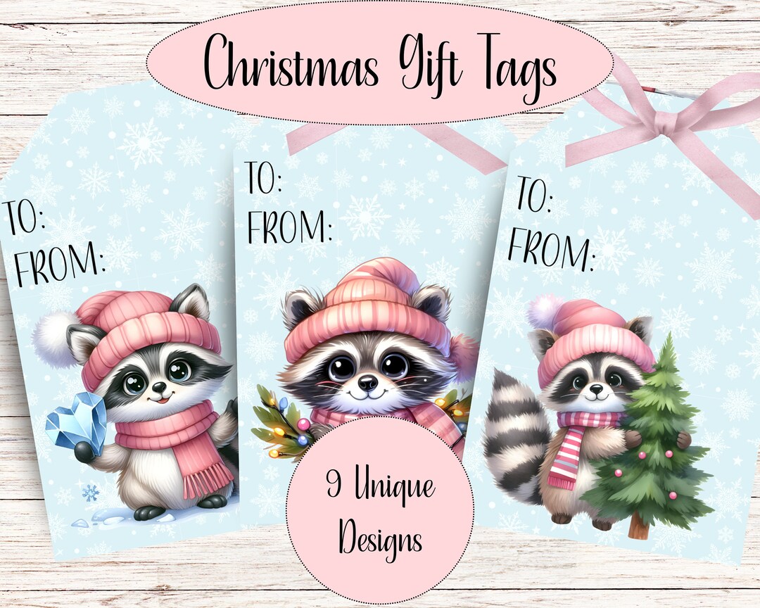 Cute Pink Raccoon Christmas Gift Tags Instant Download Printable ...