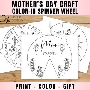 Rueda giratoria del Día de la Madre DIY, artesanía personalizable imprimible para mamá, descarga instantánea, página para colorear de actividades en el aula
