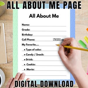 All About Me Printable for Teens + Adults Fun Get-to-Know-You Activity for Groups & Classrooms Blue Green Geometric Theme
