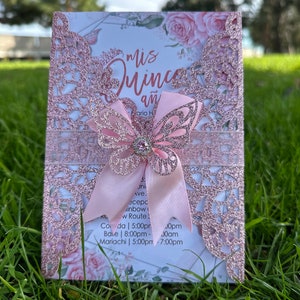 Butterfly W/ ribbon bow Personalized  Laser Cut Invitations Cards Invitation Quinceanera invitation Sweet sixteen invitation Baby Shower