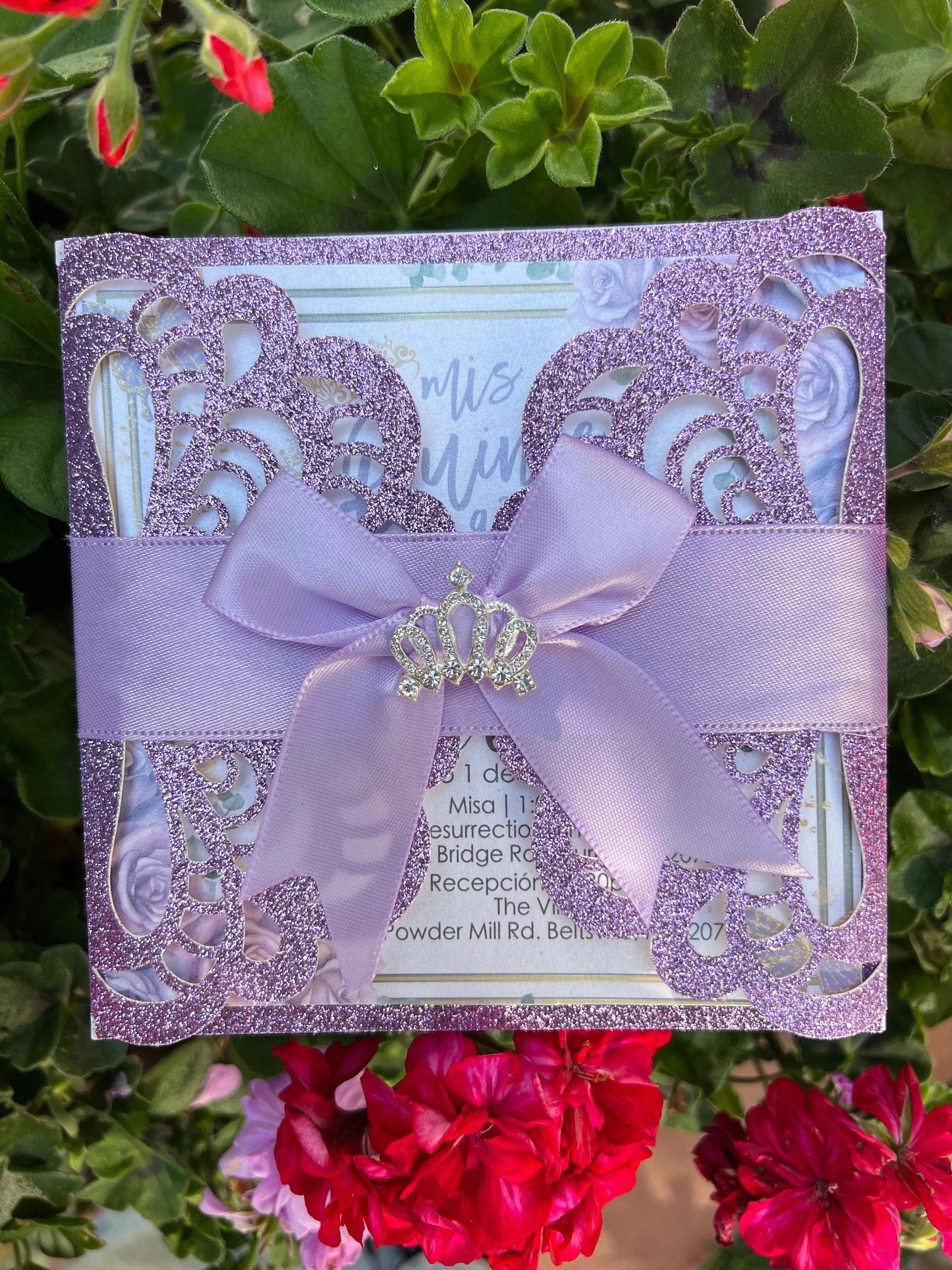 Laser Cut Quinceañera Invitation: Square Crown, Elegant Pearl Shimmer