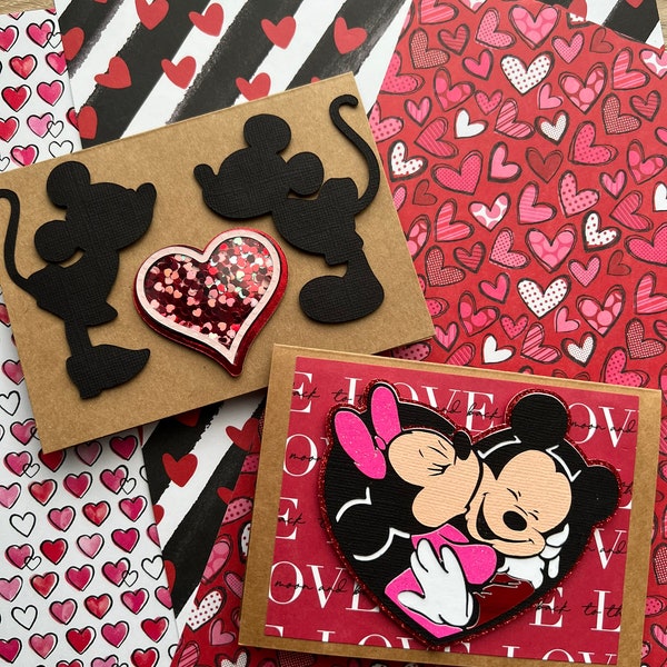 Mickey & Minnie  Mouse Valentine’s Day Cards Set of 2  Heart Valentine Card Set, Heart Valentine, Handmade Valentines, Handmade Card Set, Pr