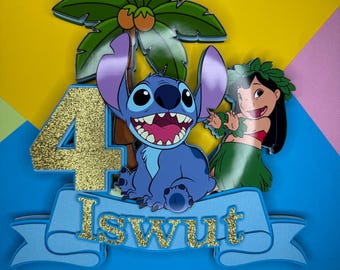 Adorno para tarta de Lilo y Stitch con adornos para cupcakes, decoración para fiesta de cumpleaños con cartulina brillante.