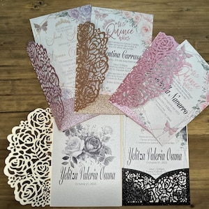 Conjunto de (50) bolsillo triple Quinceañera tarjetas de invitaciones personalizadas cortadas con láser invitación de quinceañera