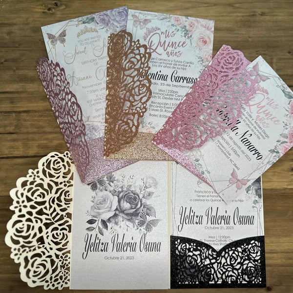 Trifold Pocket pocket  Quinceanera Personalized  Laser Cut Invitations Cards Invitation Quinceanera invitation Sweet sixteen invitation