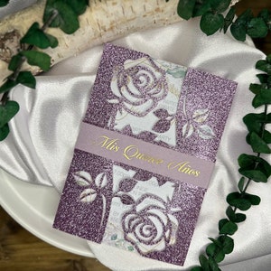 Laser Cut Rose Quinceañera Invitation: Shimmer Pearl White