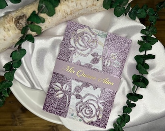 Laser Cut Rose Quinceañera Invitation: Shimmer Pearl White