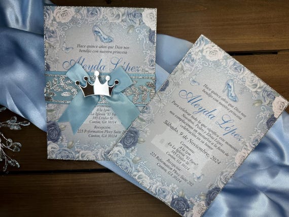 Cinderella Quinceañera Invitation: Light Blue Floral Carriage