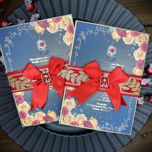 Invitación de quinceañera de La Bella y la Bestia, invitación de quinceañera con rosa roja, invitación de quinceañera de princesa
