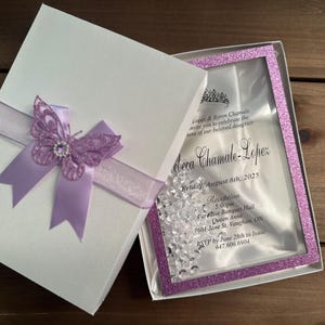 Coctelera personalizada de Miss Quince, invitaciones color lila, tarjetas de invitación, invitación de quinceañera, invitación de dulces dieciséis, baby shower