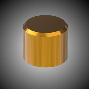 May include: A cylindrical object with a flat top and a rounded edge. The object has a gold metallic finish and is set against a gradient gray background. The object appears to be a small, solid, and decorative item.