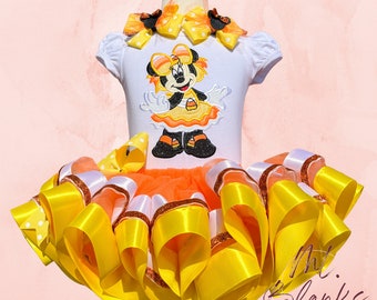 Candy Corn Tutu-outfit: Halloween-kostym, broderad skjorta och hårrosett