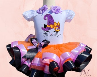 Häxa Katt Katt Tutu Outfit: Broderad Halloween-tröja