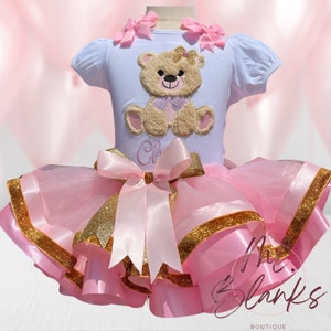Teddy Bear Birthday Tutu Outfit: Embroidered Girl&#39;s Shirt