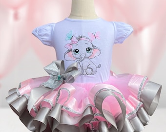 Embroidered Elephant Birthday Tutu Outfit: Custom Shirt & Pink Hair Bow