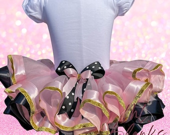 Light Pink Tutu: Black & Gold Glitter Ribbon, Birthday Costume