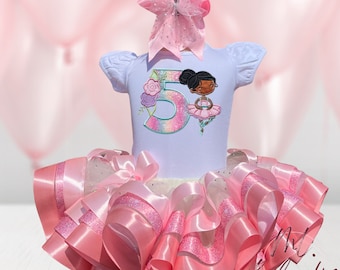 Personalized Ballerina Birthday Outfit: Embroidered Shirt, Pink Ribbon Tutu