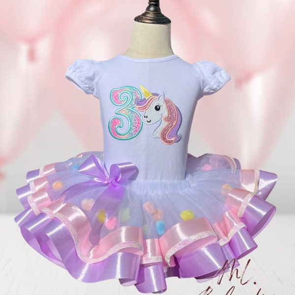 Unicorn tutu outfit, unicorn shirt, girls birthday shirt, custom shirt, embroidered shirt, pompom tutu, spring tutu, tutu