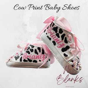 Cow Baby shoes, baby booties, bling shoes, soft baby shoes, custom made shoes, Birthday shoes, cot shoes, booties,  pink/black shoes
