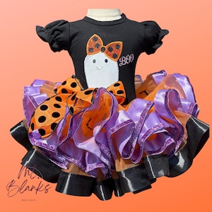 Baby Ghost Tutu Outfit: Embroidered Halloween Shirt, Hair Bow