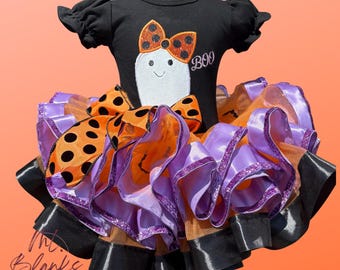 Baby Ghost Tutu Outfit: Embroidered Halloween Shirt, Hair Bow