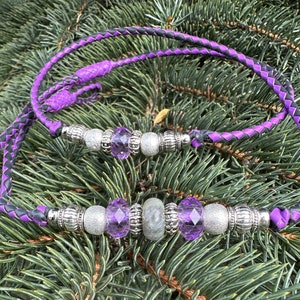 Braided Kangaroo Leather Dog show lead in Moroccan Purple and Gray Lace