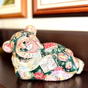 Vintage Patchwork Decoupage Teddy Bear Figurine – Handmade Folk Art, Cottagecore Décor