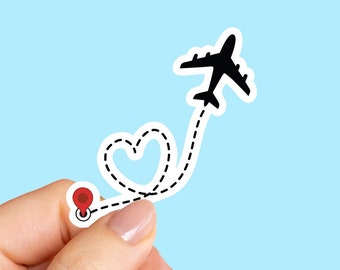 Sticker destination amour avion, sticker voyage amour, sticker avion coeur, stickers ordinateur portable, stickers gobelet, sticker bouteille d'eau